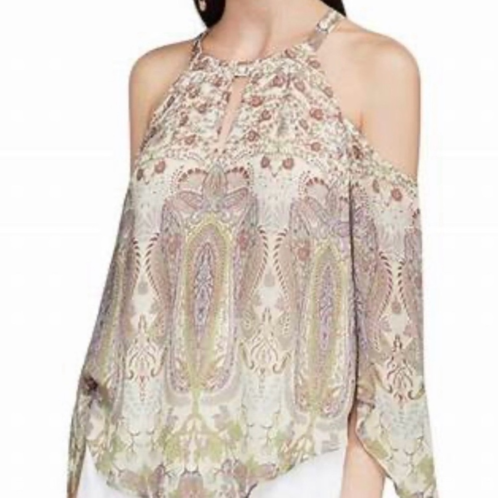 BCBGMaxAzria “Jax” Cold Shoulder Blouse in Cream and Pinks - Whisper White Multi